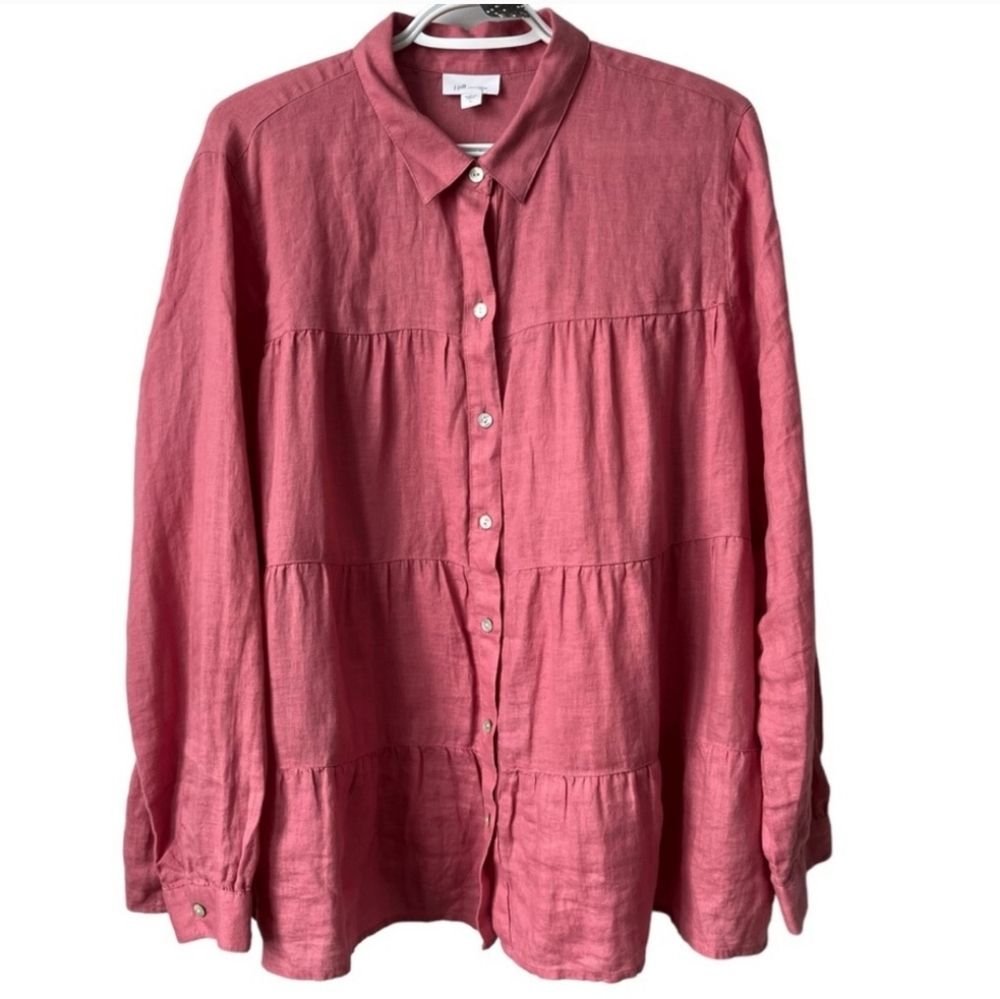 J.Jill 100% Linen Tiered Seam Button Up Lagenlook Shirt Size XS